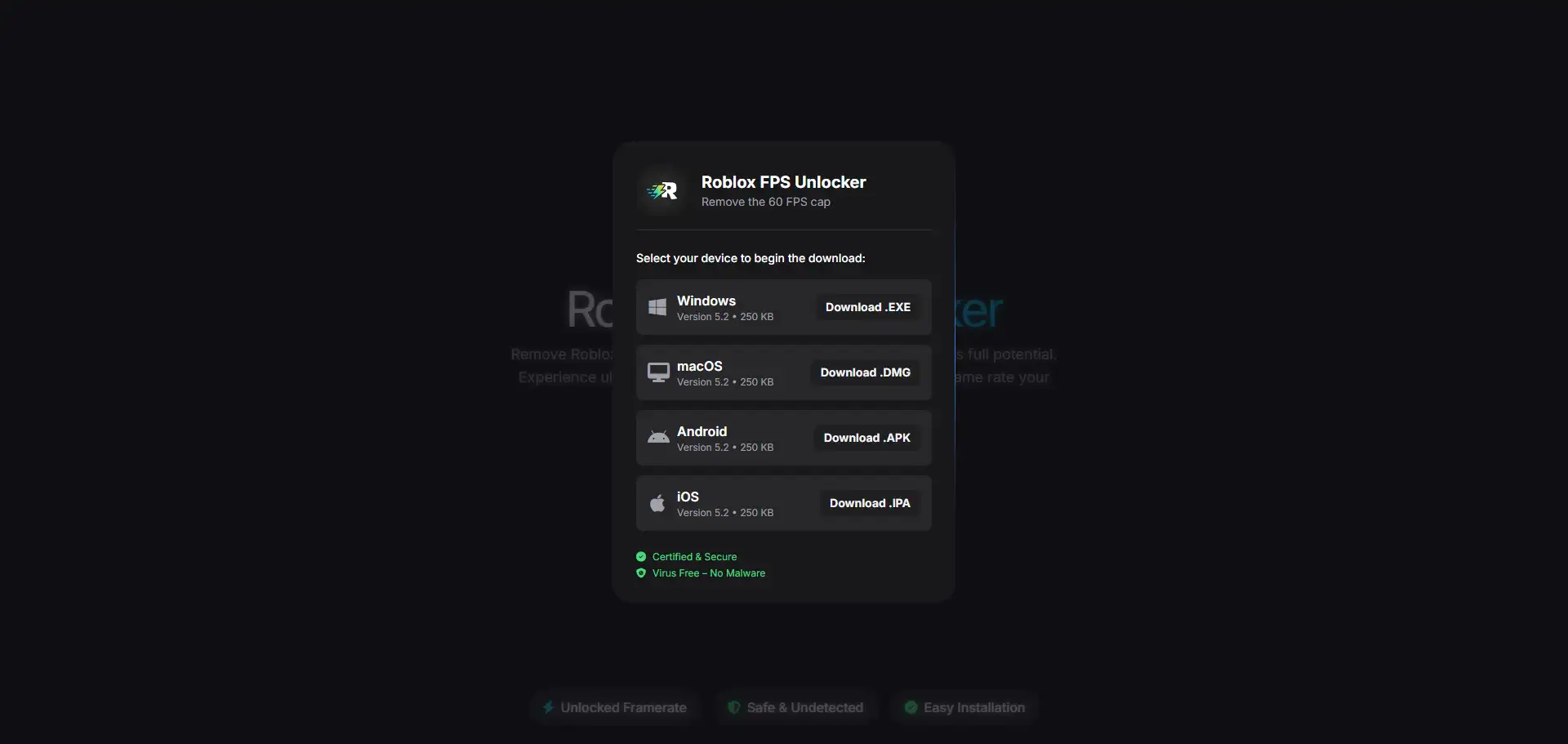 Screenshot of the Roblox FPS Unlocker settings menu, showing various frame rate cap options like 120, 144, and 240 FPS.